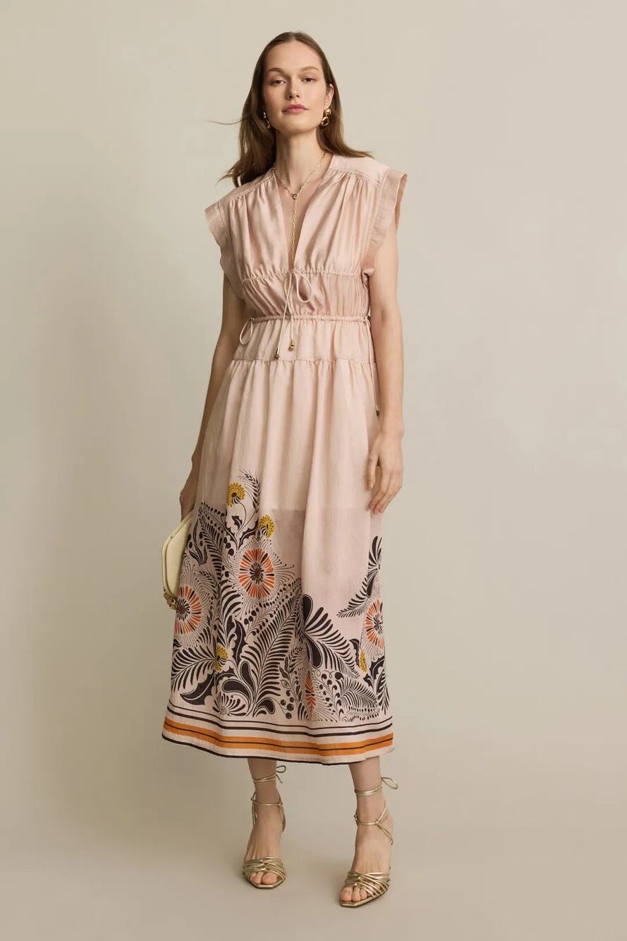Sabina Musayev Oria Dress Floral Print Ruched V-Neck Midi A-Line Blush Pink XL